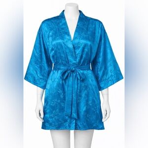 Helena - vintage 80s -Satin Jacquard Short Kimono -Bamboo Floral Robe